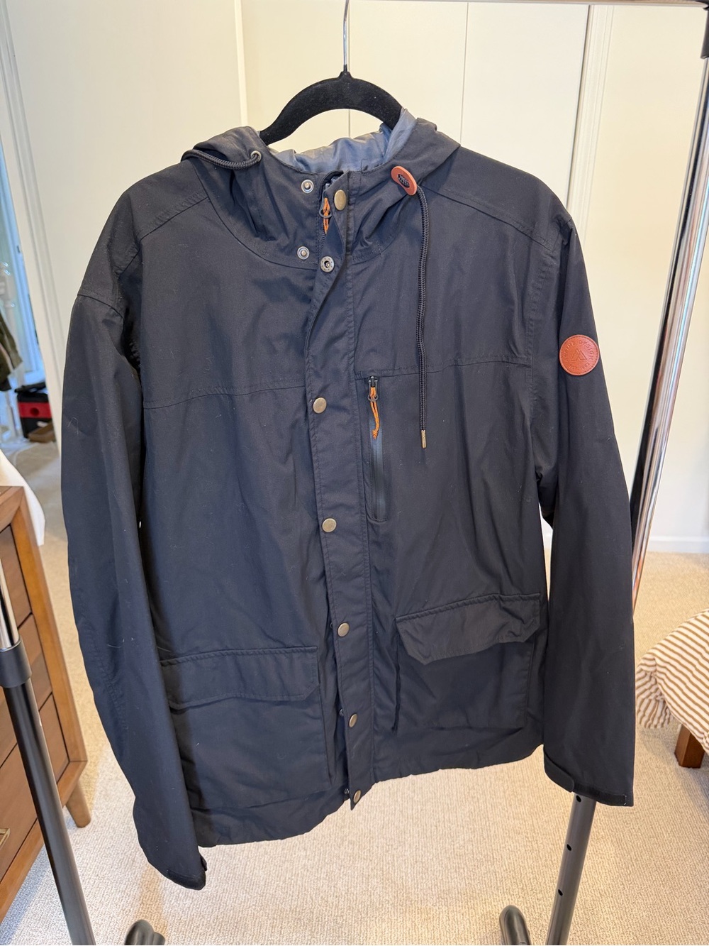 Alpine Design Navy Hooded Raincoat with Brown Trim Details